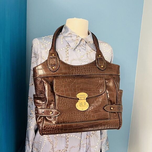 CHAPS Brown Faux Leather Croc Tote Shoulder Bag Business Casual Satchel Gold - Picture 6 of 15